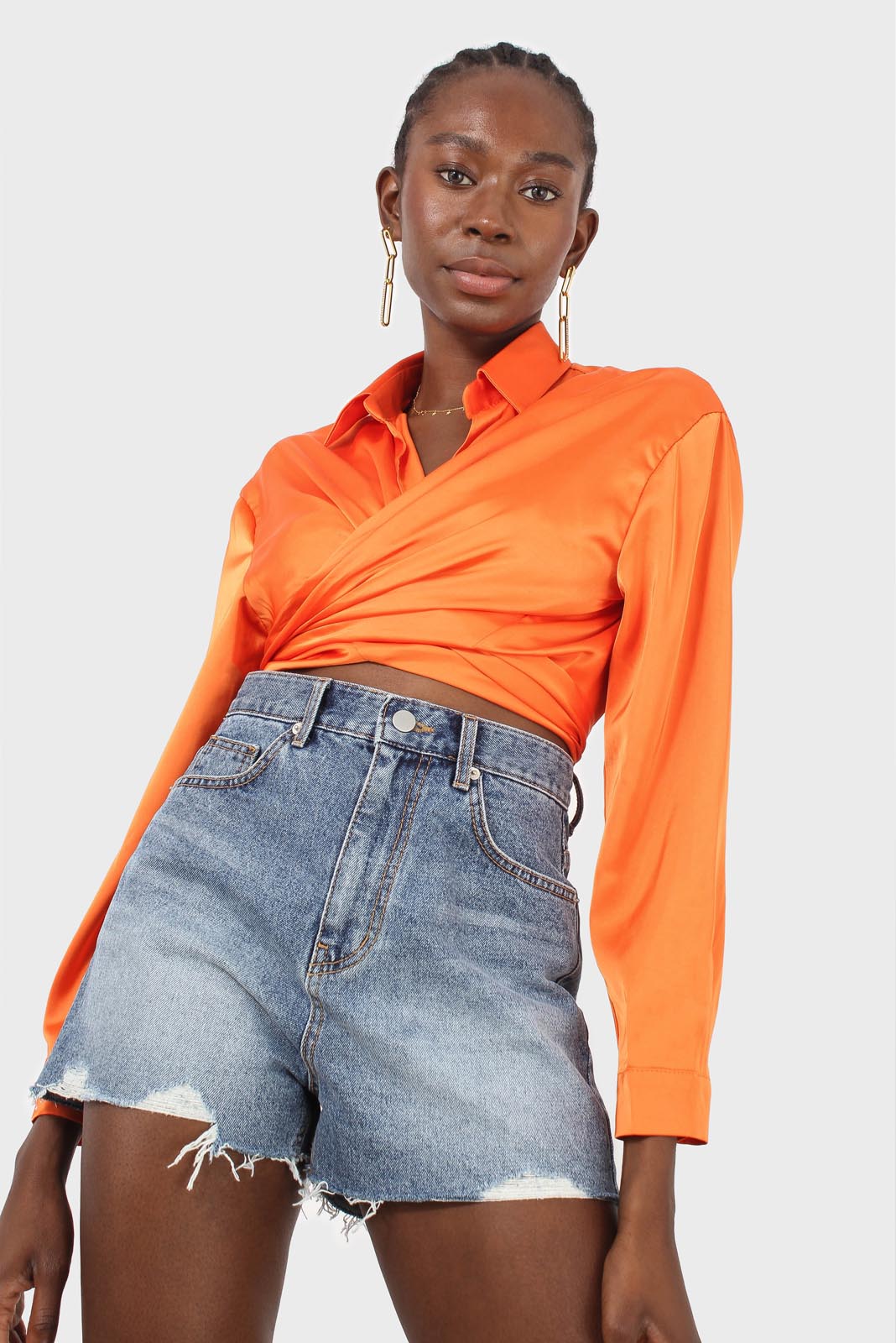Orange thick silky plunging tie front shirt_7