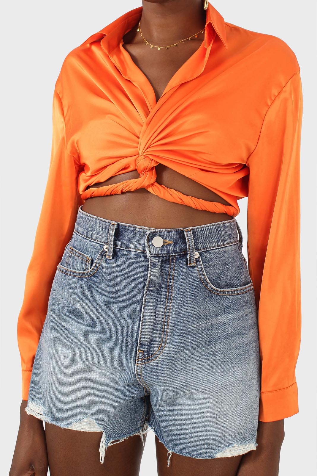 Orange thick silky plunging tie front shirt_5