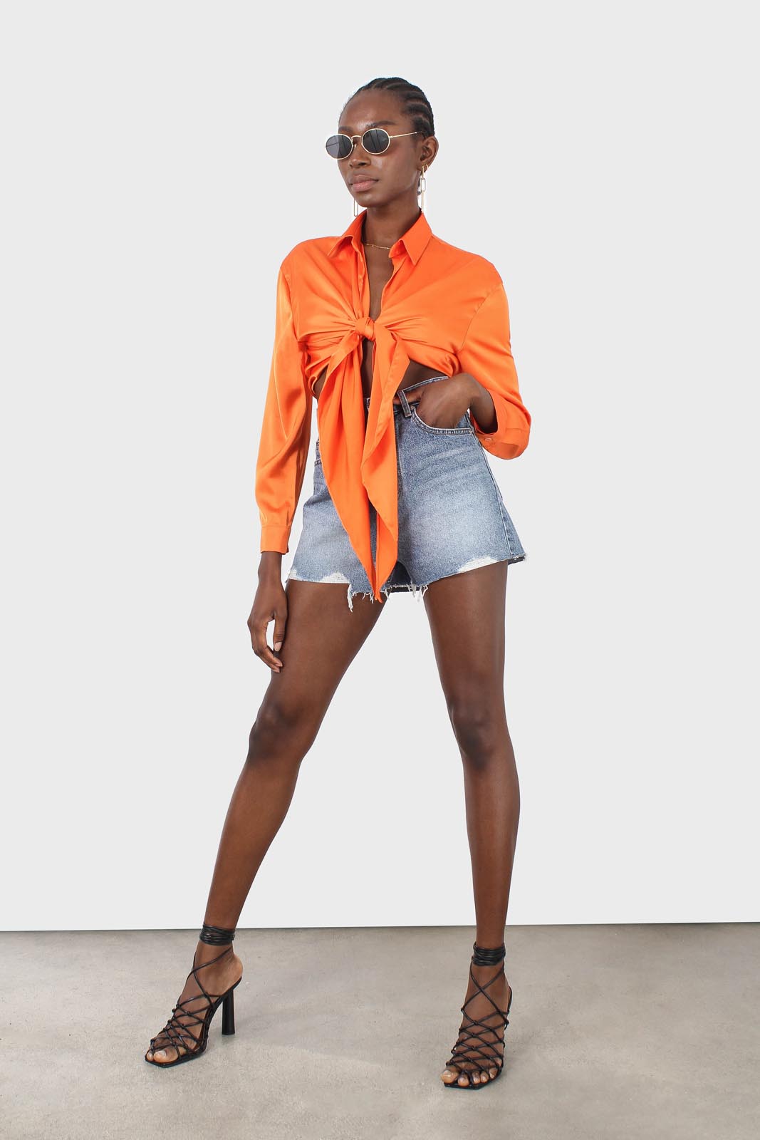 Orange thick silky plunging tie front shirt_10