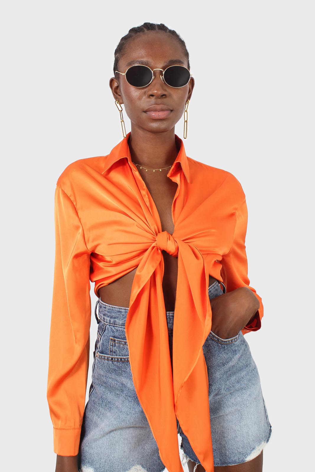 Orange thick silky plunging tie front shirt_2