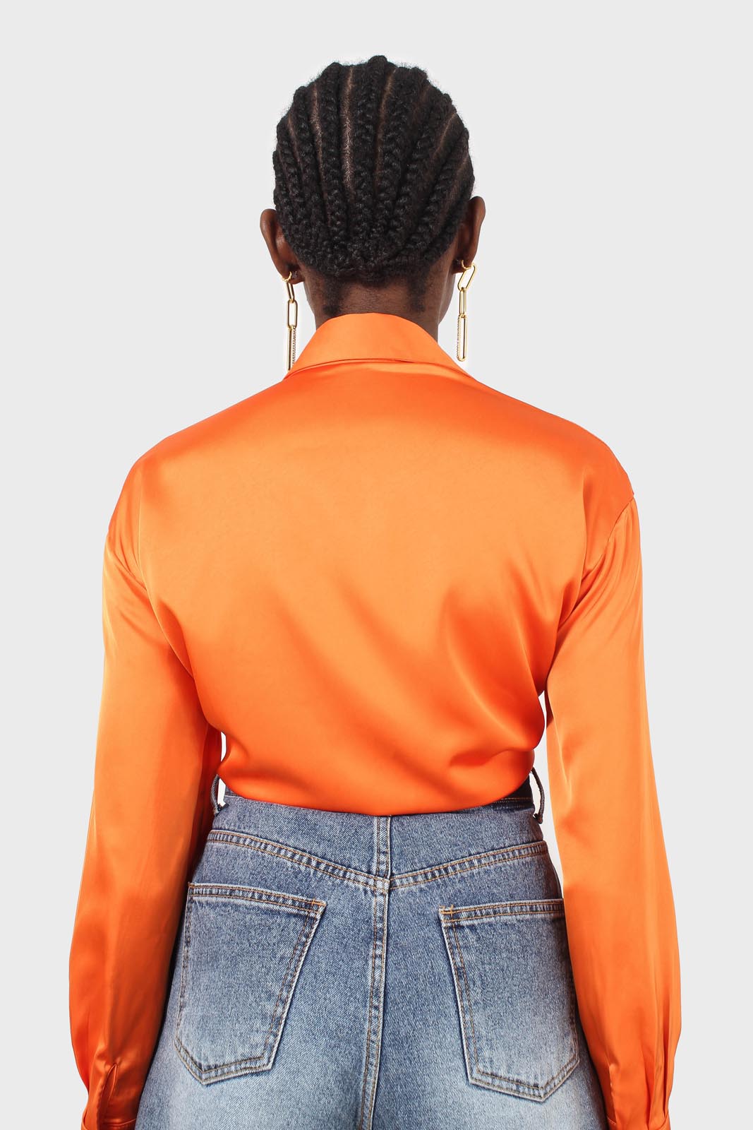 Orange thick silky plunging tie front shirt_8
