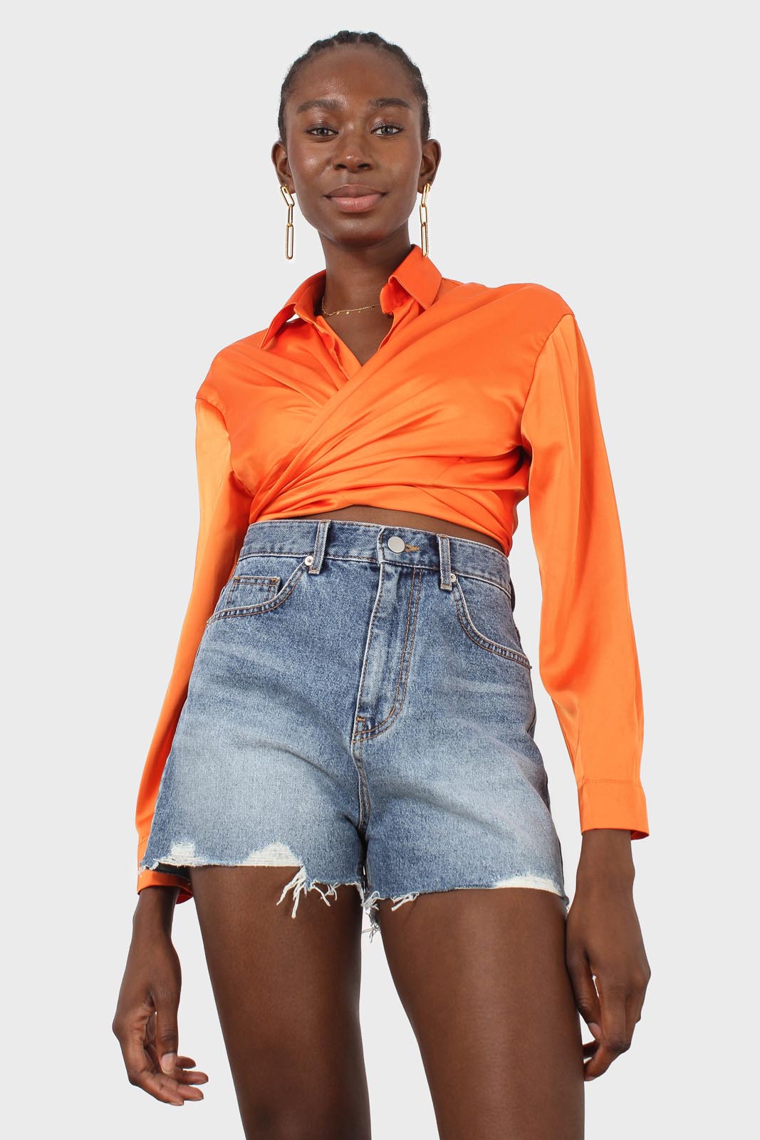 Orange thick silky plunging tie front shirt_13