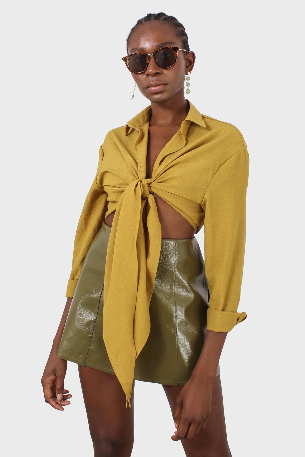 Chartreuse linen plunging tie front shirt_1