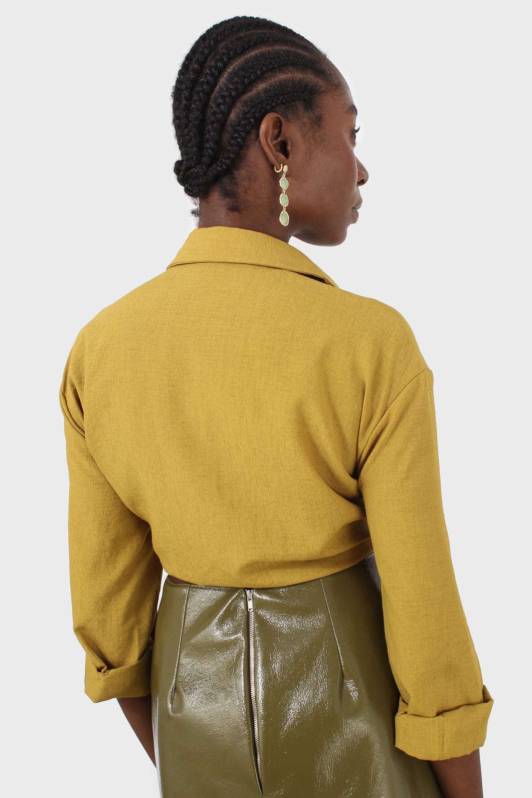 Chartreuse linen plunging tie front shirt_4