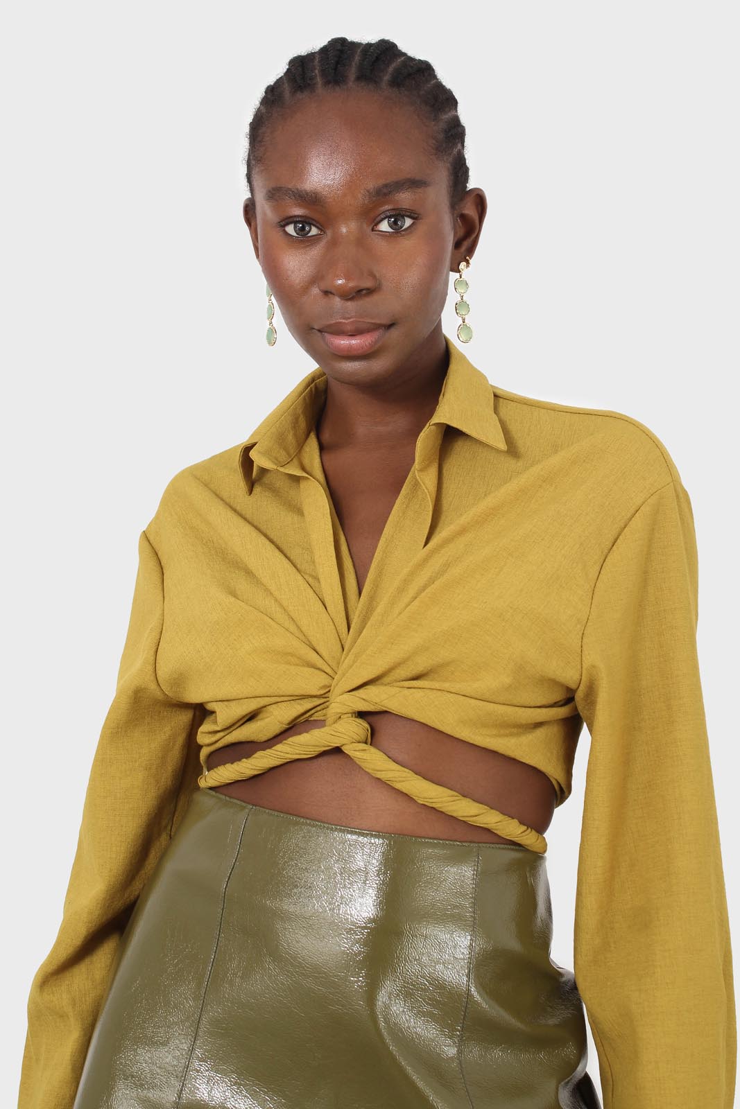 Chartreuse linen plunging tie front shirt_8