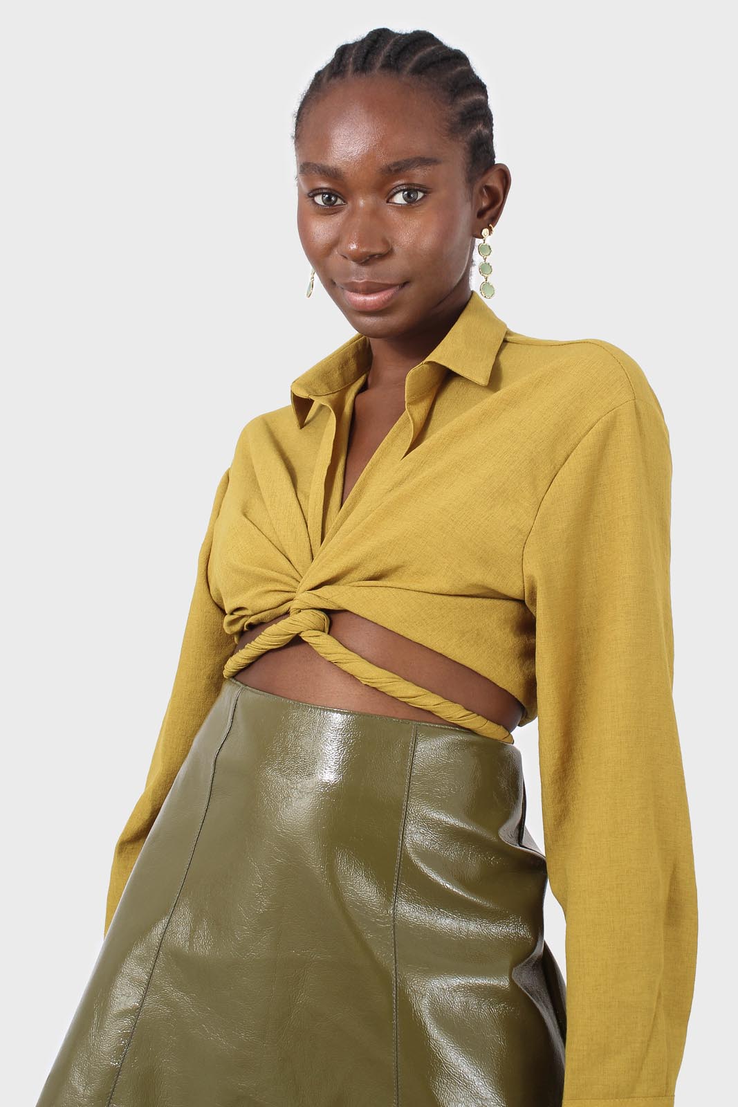 Chartreuse linen plunging tie front shirt_9