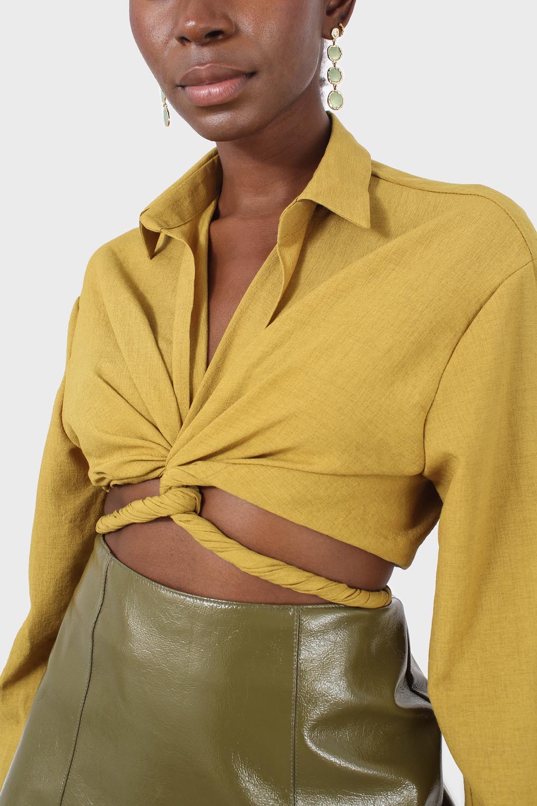 Chartreuse linen plunging tie front shirt_10