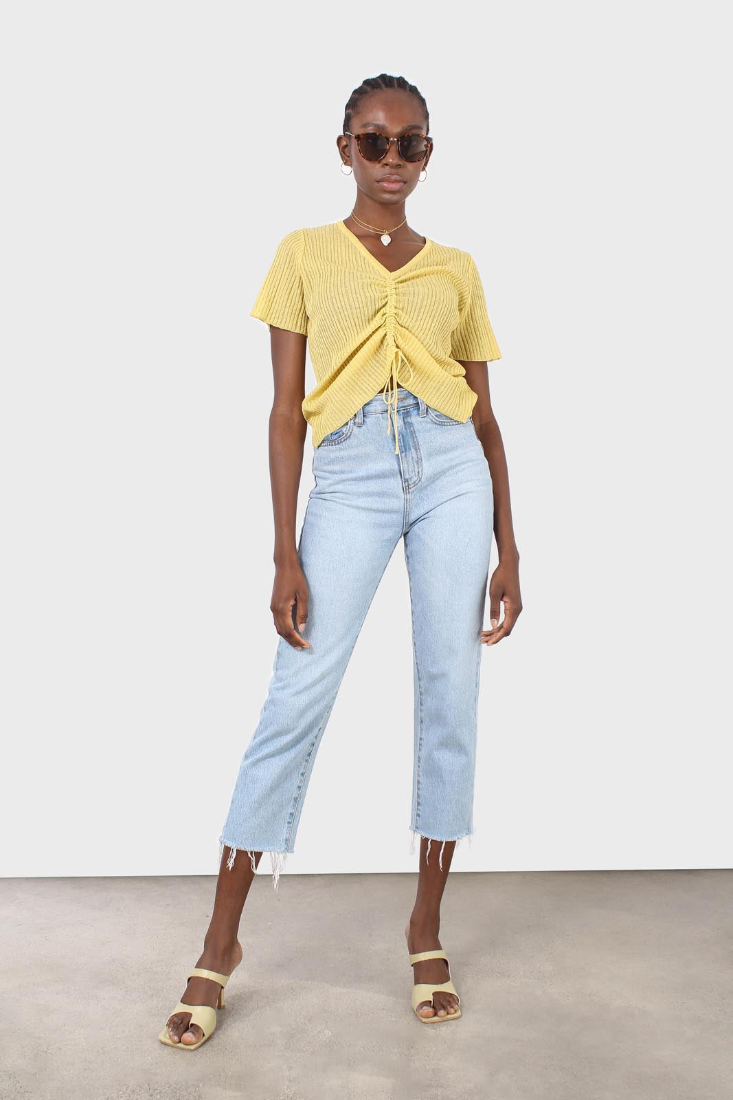 Yellow pull string tie front ribbed knit top_2