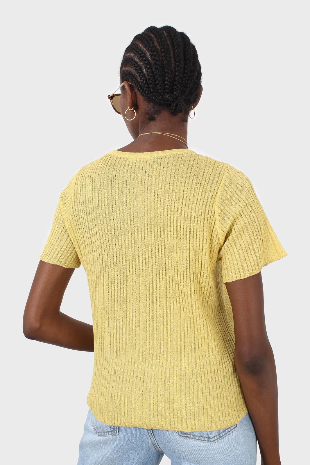 Yellow pull string tie front ribbed knit top_3