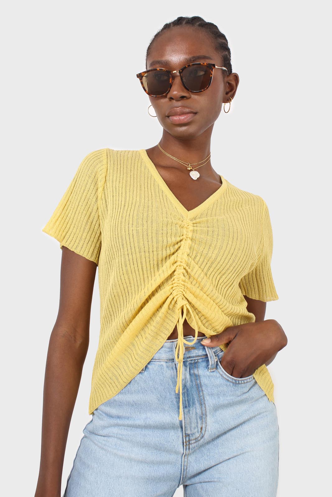 Yellow pull string tie front ribbed knit top_6