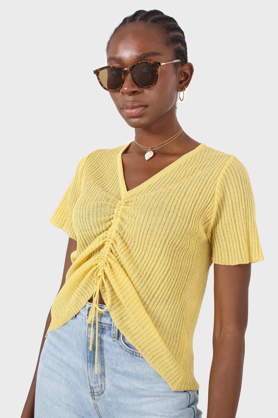 Yellow pull string tie front ribbed knit top_8