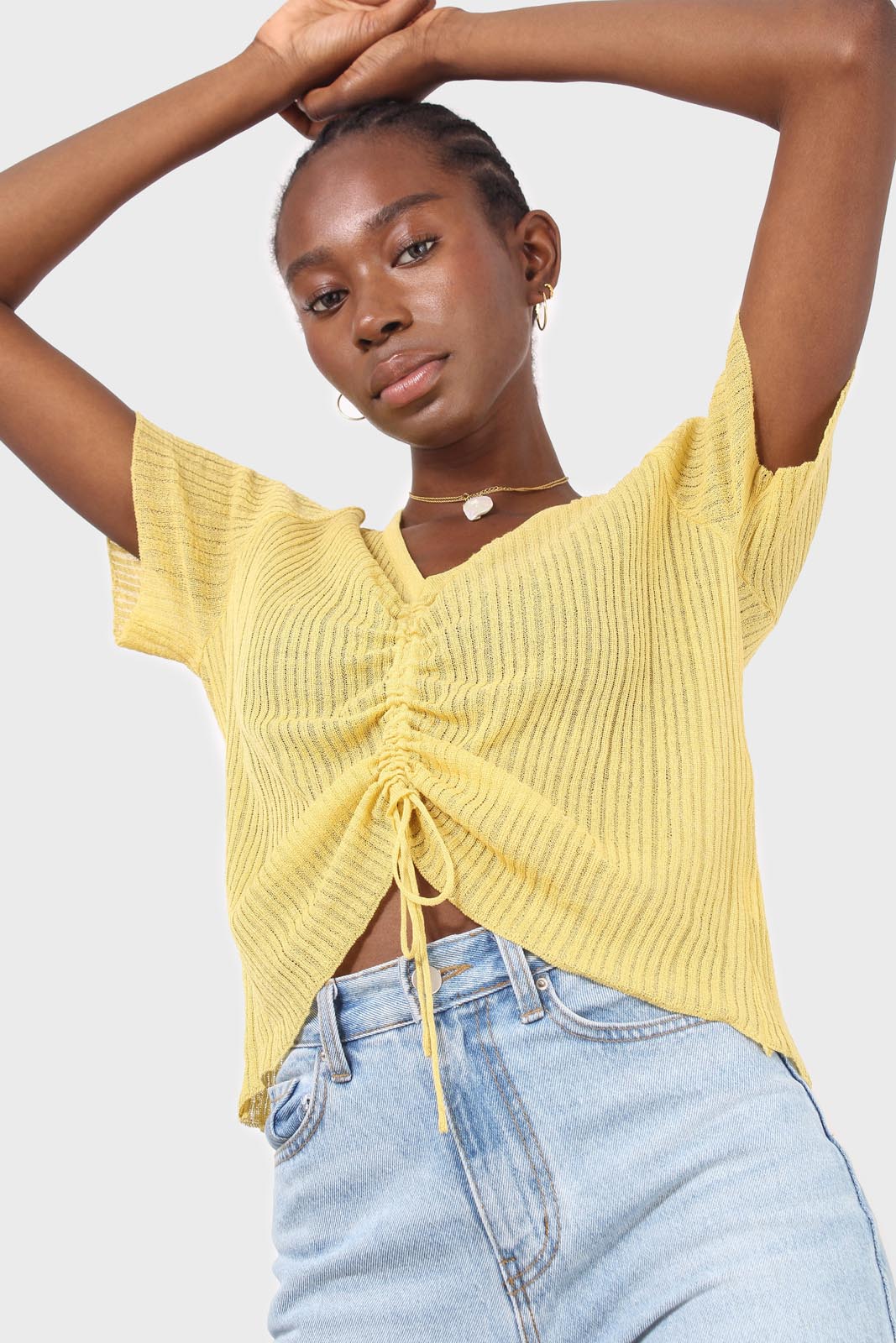 Yellow pull string tie front ribbed knit top_4