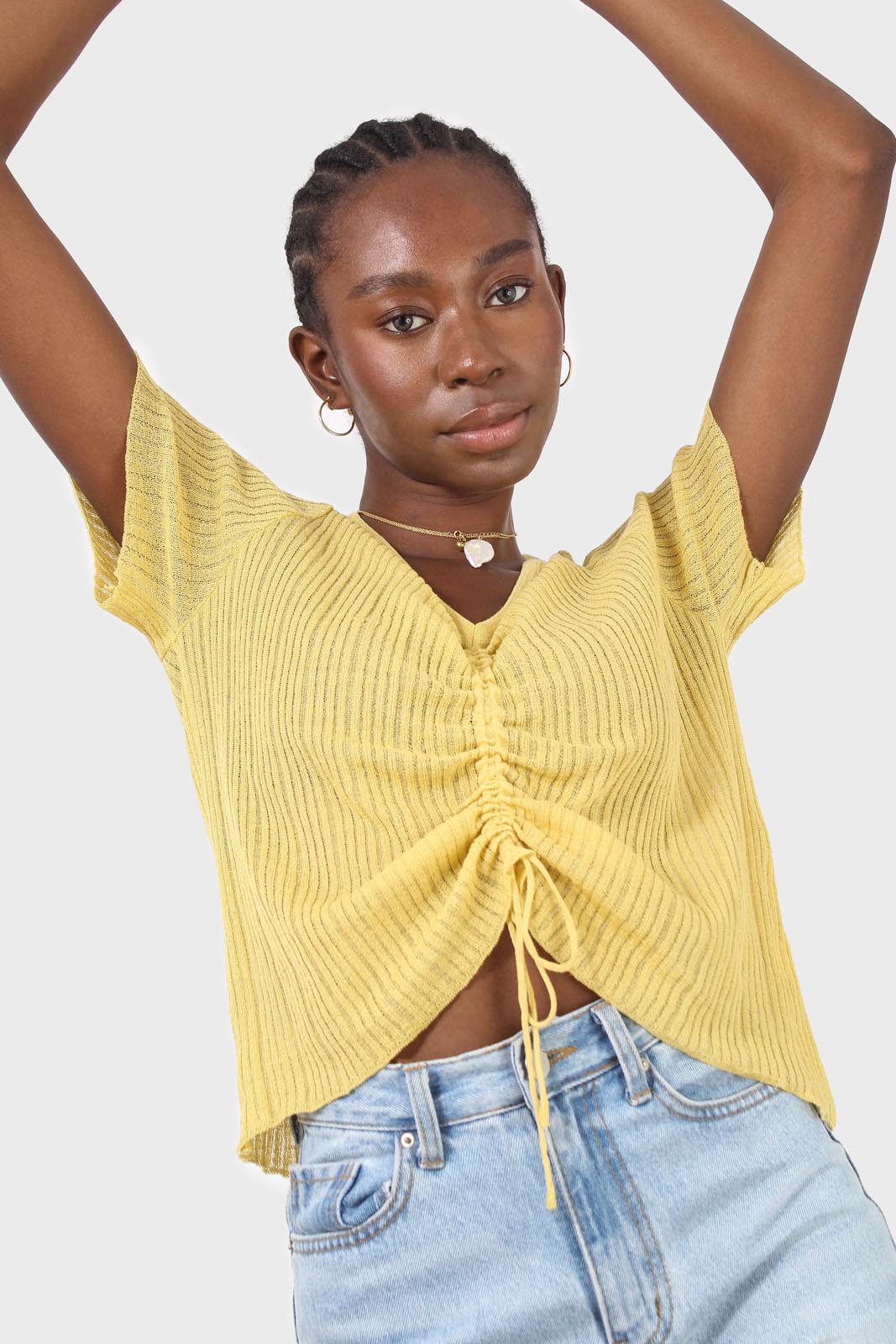 Yellow pull string tie front ribbed knit top_9
