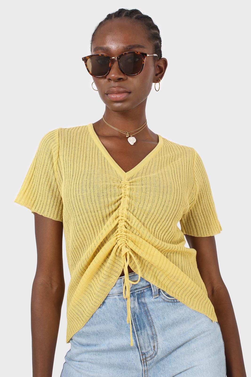 Yellow pull string tie front ribbed knit top_1