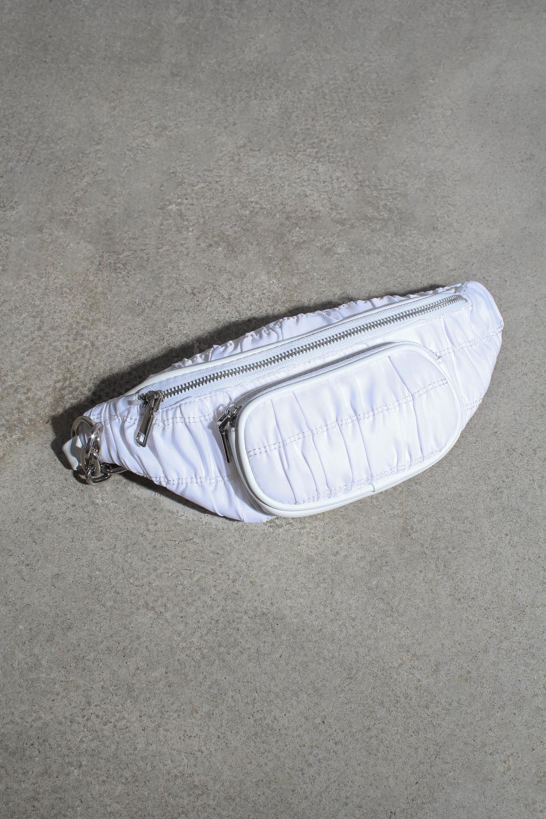 White ruched vegan leather silver zip bum bag_1