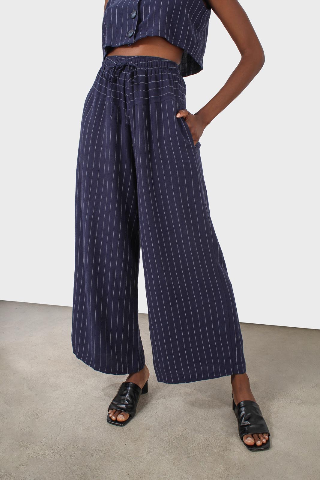 Navy pinstripe drawstring trousers_1