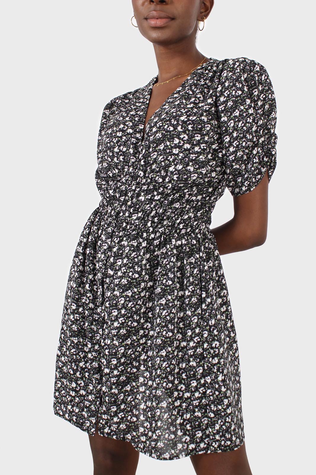 Black floral ruched waist mini dress_12