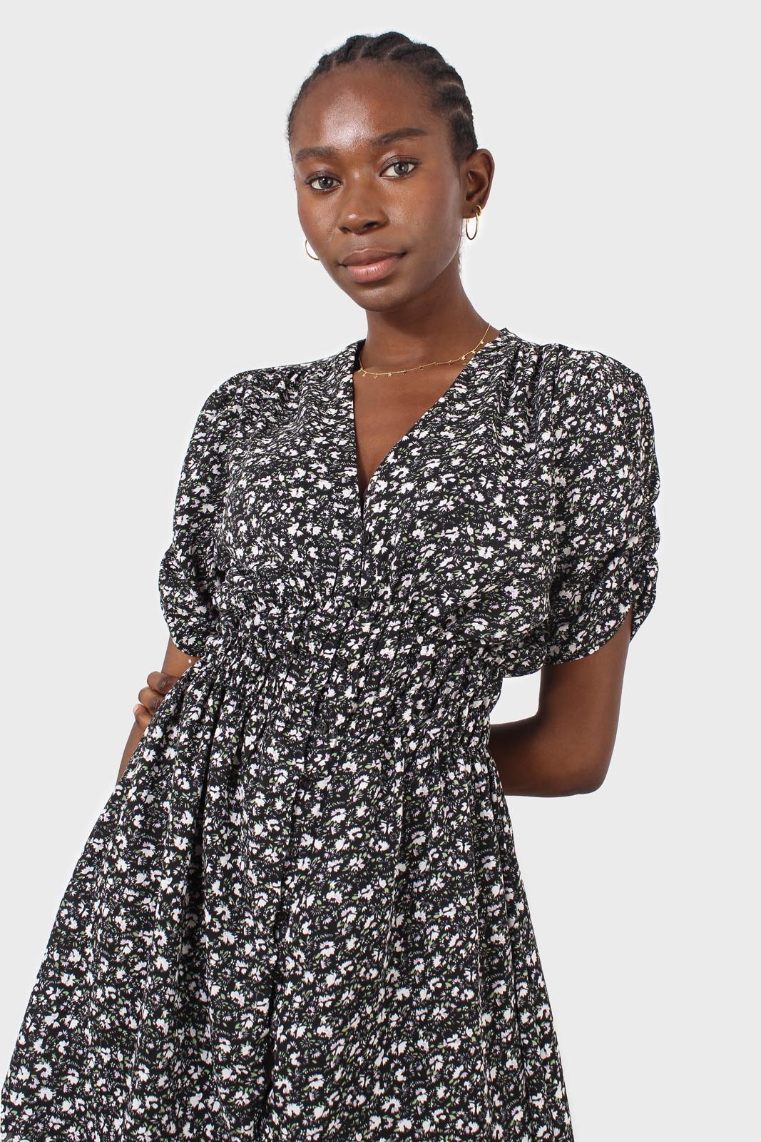 Black floral ruched waist mini dress_8