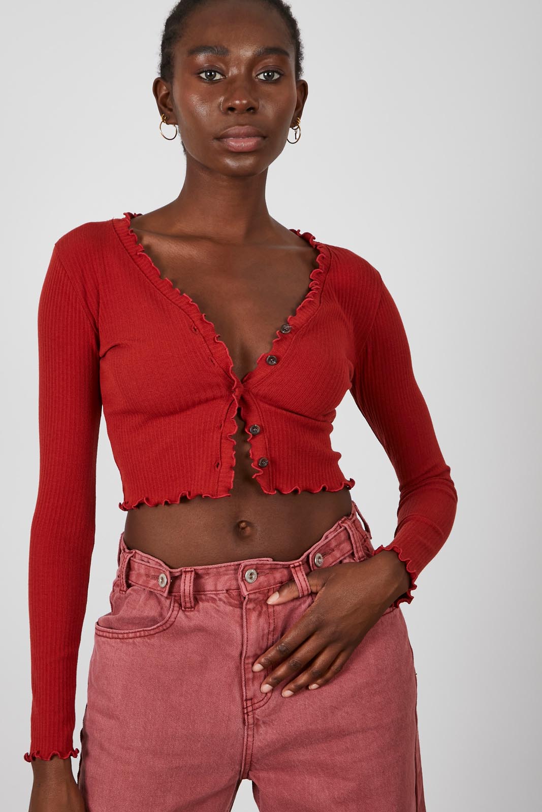 Rust orange ruffle trim button up top_1