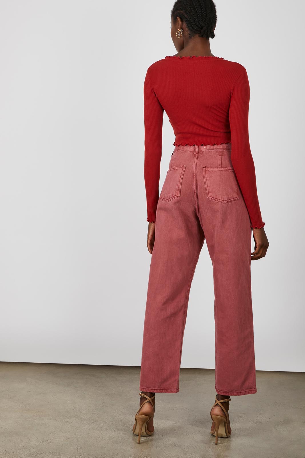 Washed red adjustable side button jeans_6