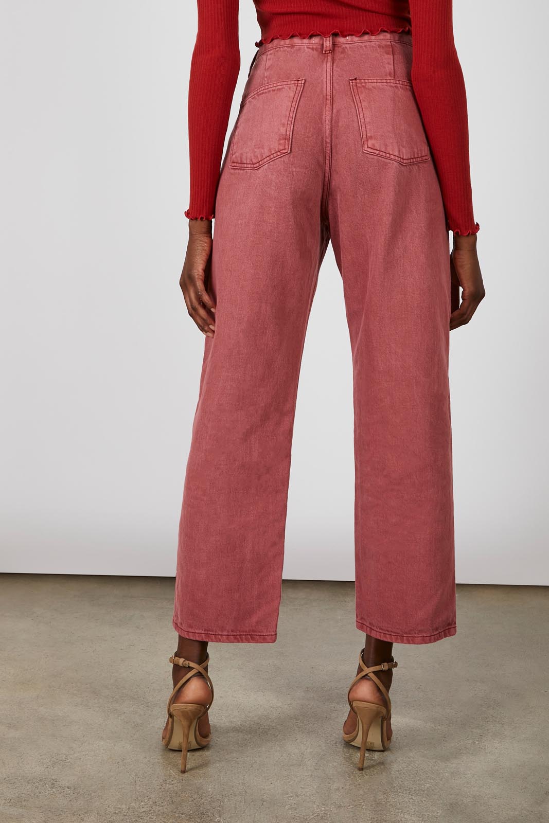 Washed red adjustable side button jeans_4