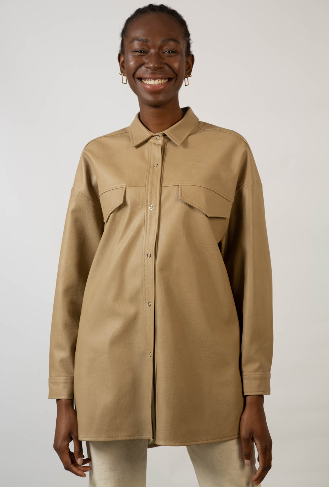 Beige vegan leather belted shirt jacket_2