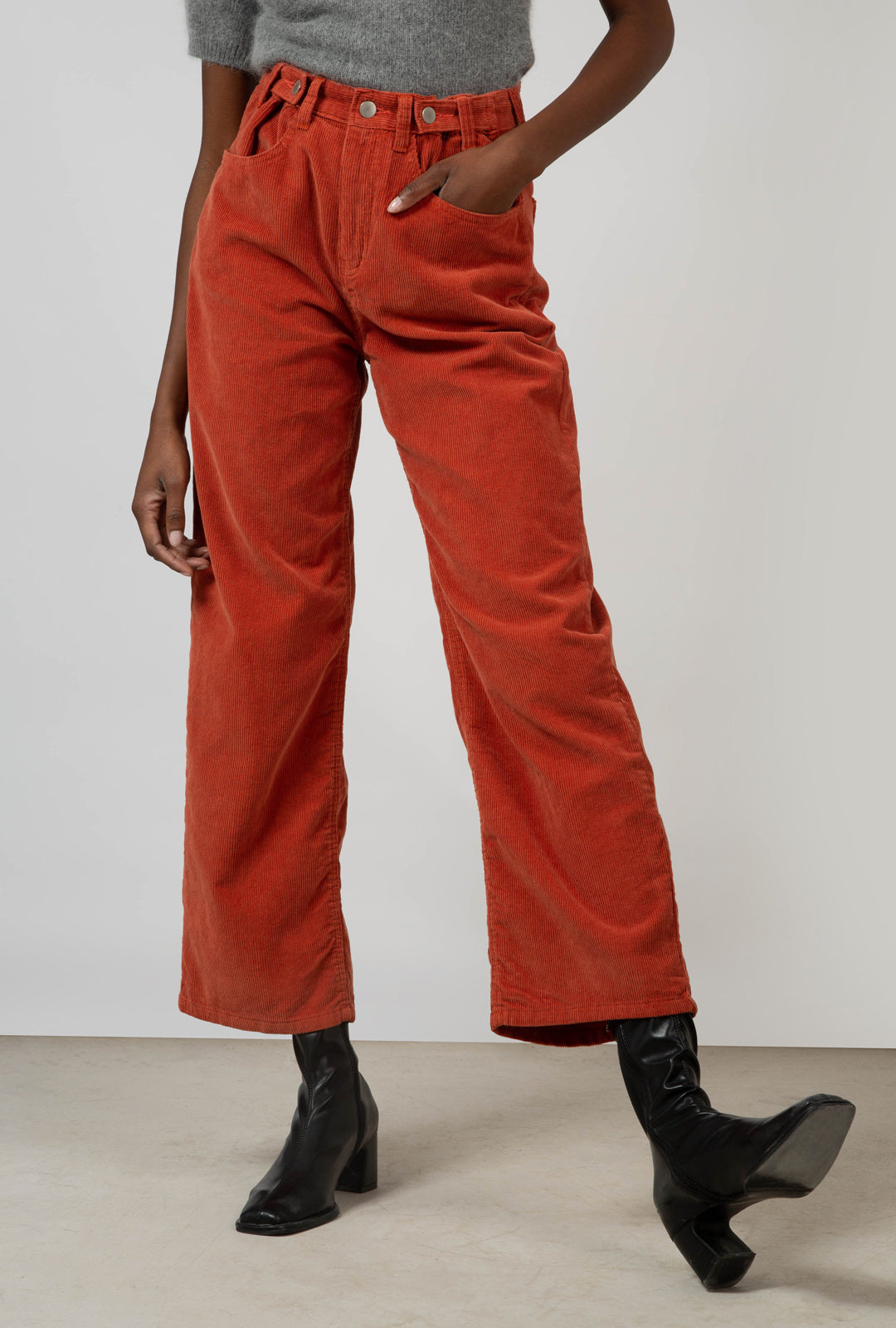 Orange corduroy button waist trousers_6