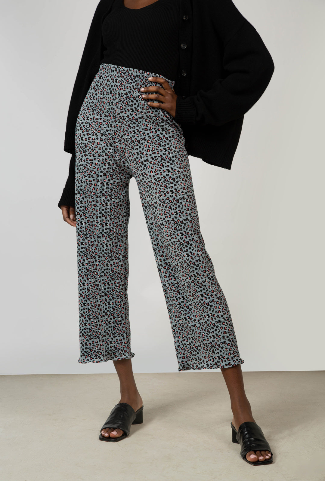 Blue and pink leopard micro pleat trousers_1