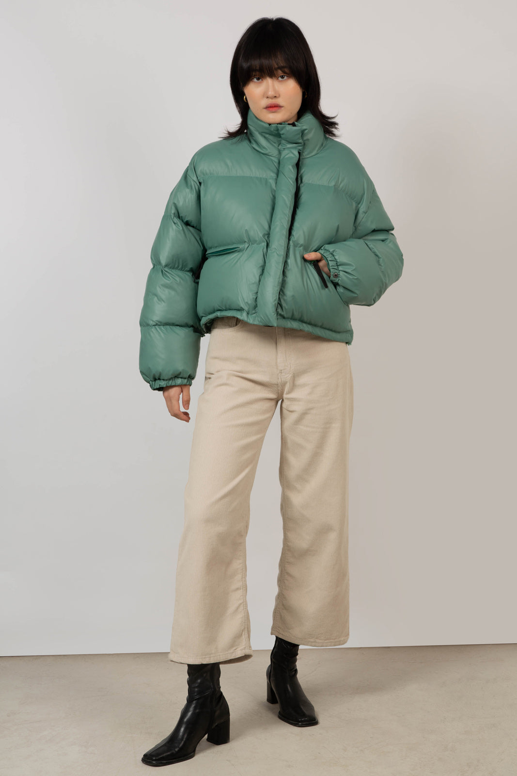 Deep green glossy puffer coat_3