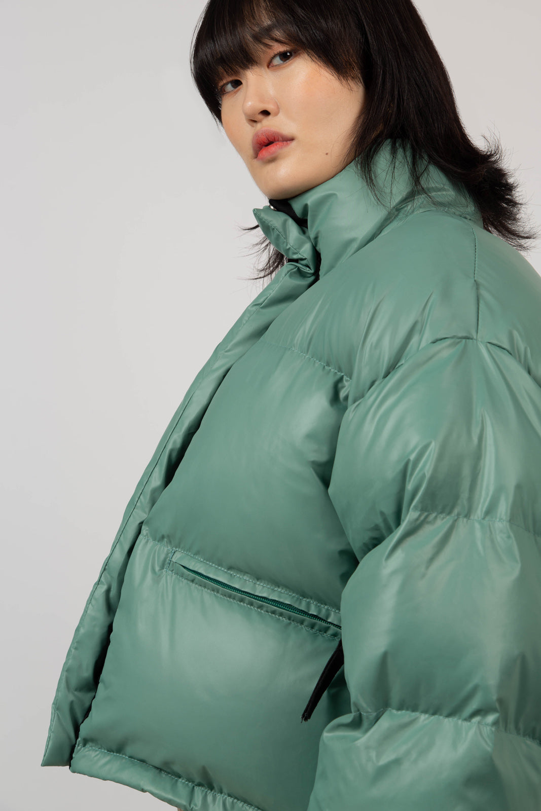 Deep green glossy puffer coat_7