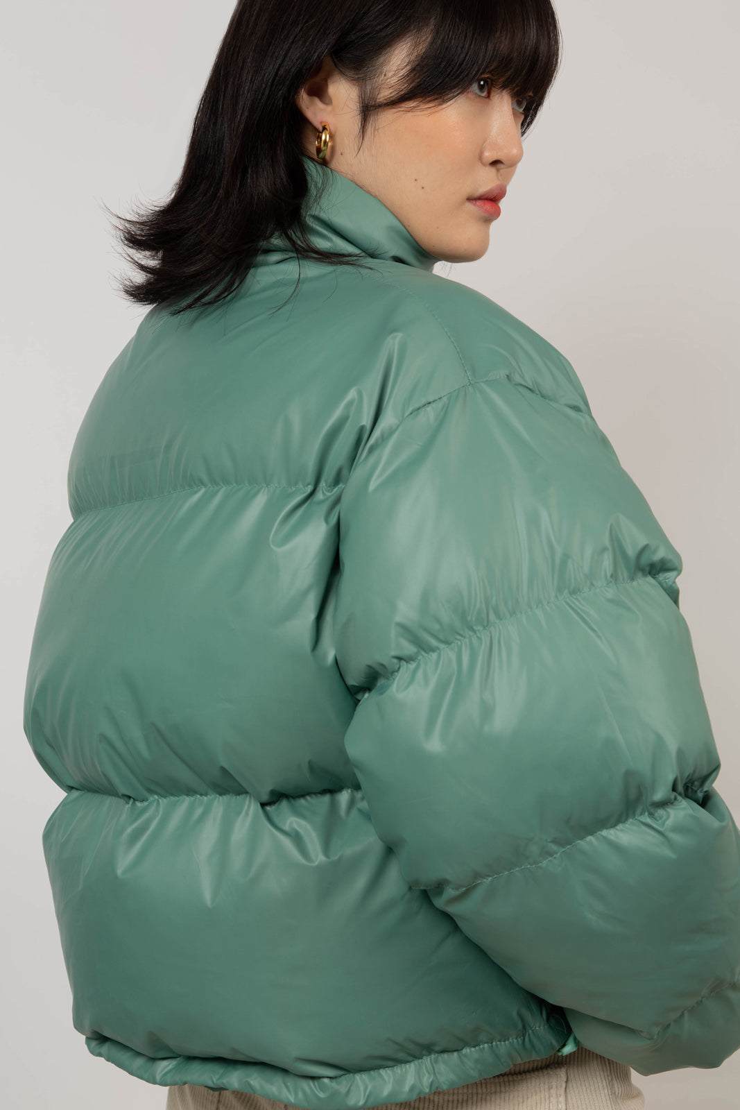 Deep green glossy puffer coat_2