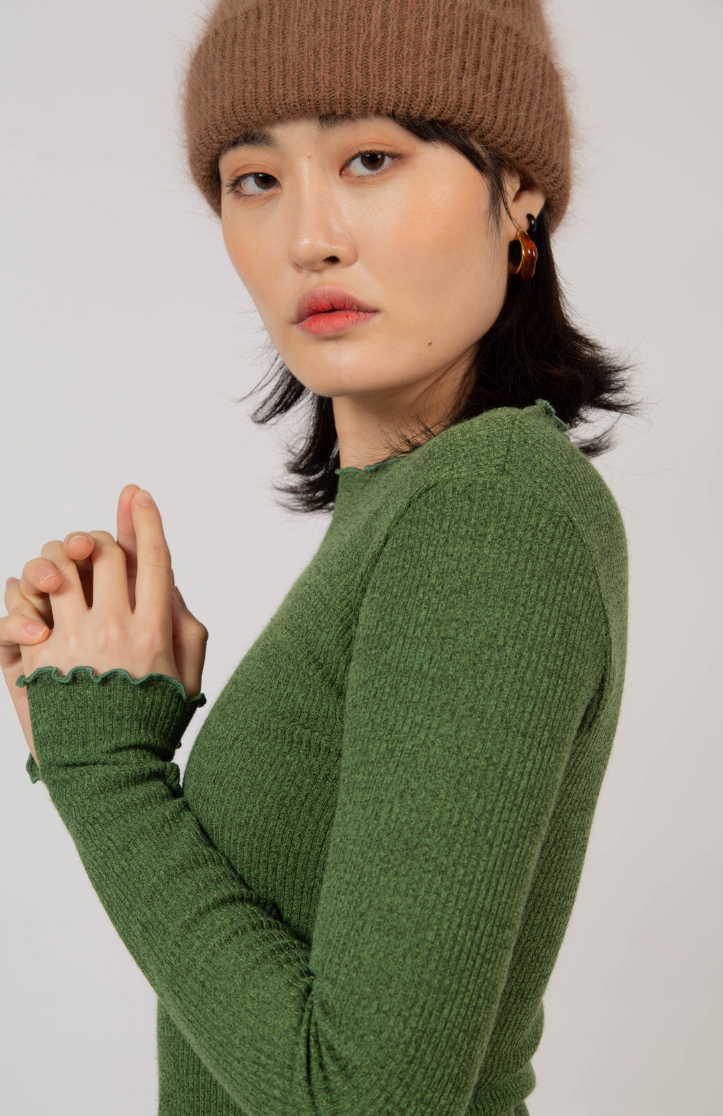 Green ruffle trim ribbed top_1