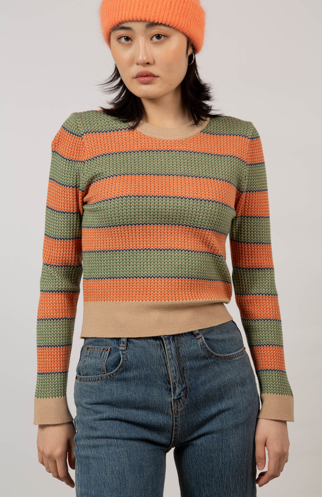 Beige and orange striped knit top_7