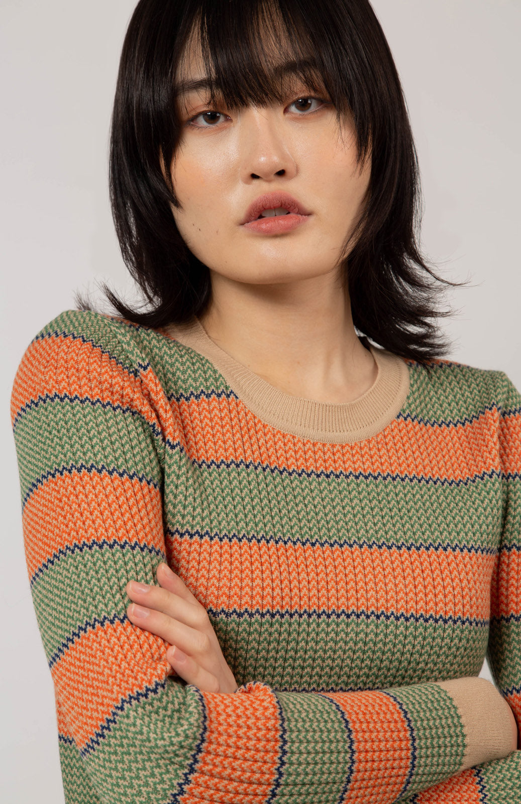 Beige and orange striped knit top_1