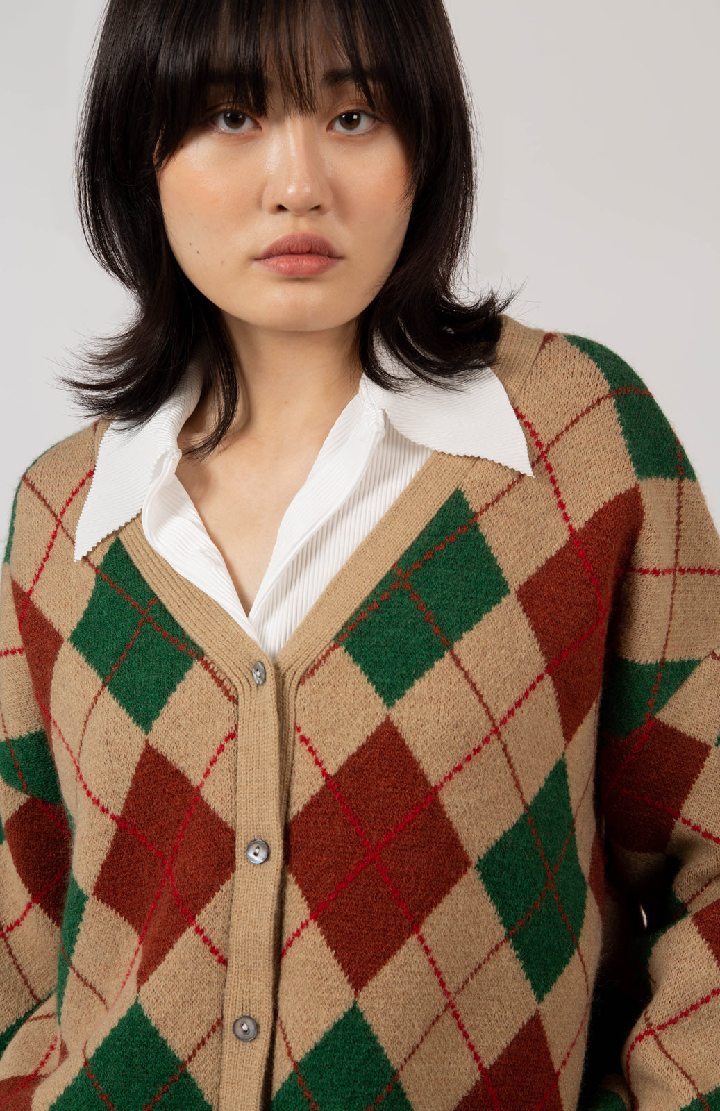 Beige and green argyle intarsia cardigan_1