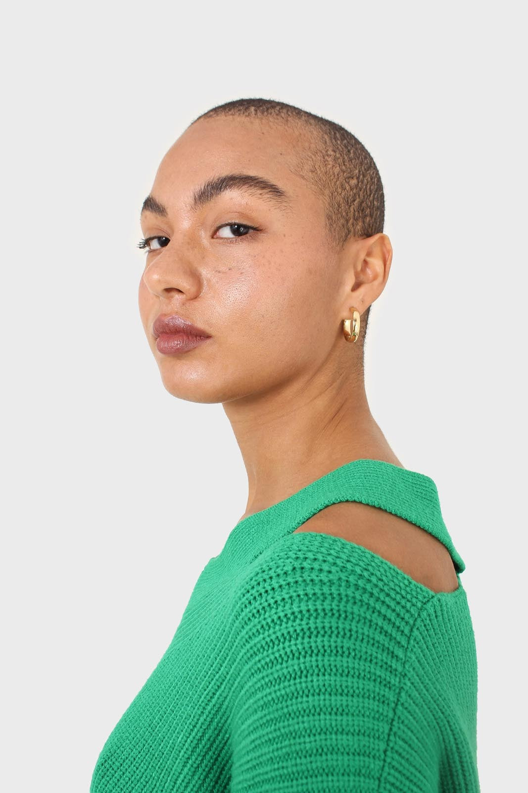 Green side neck slit V-neck jumper_6