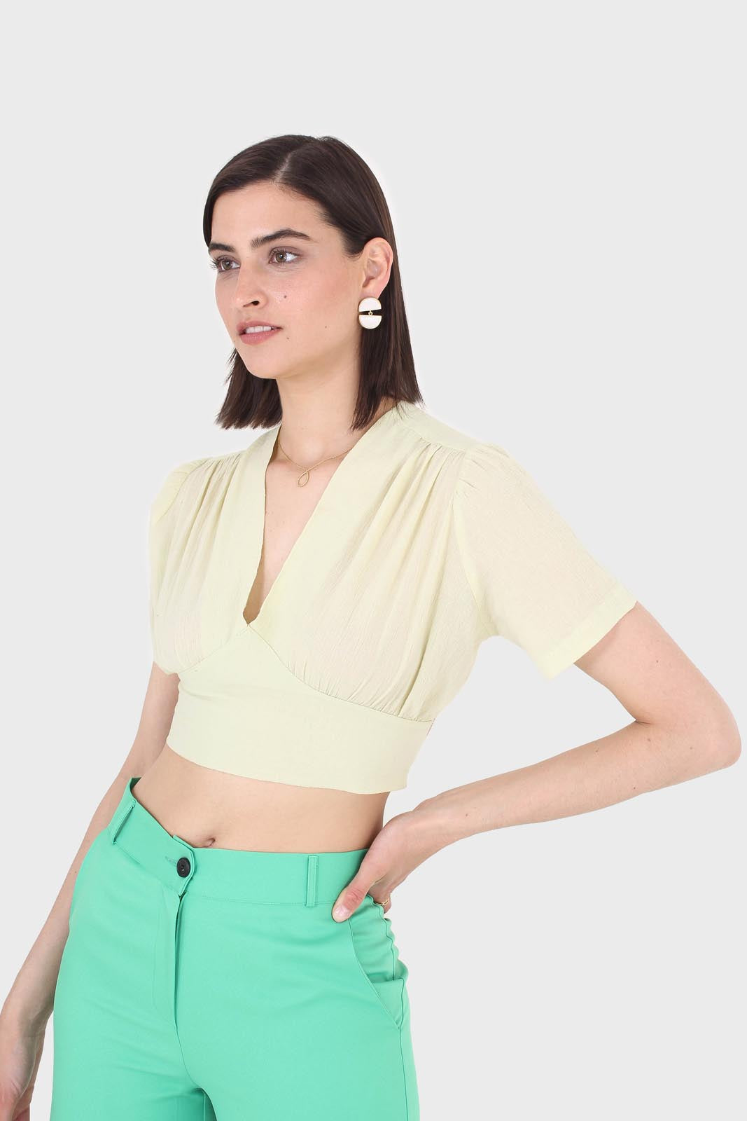 Light green deep V tie back cropped blouse_5