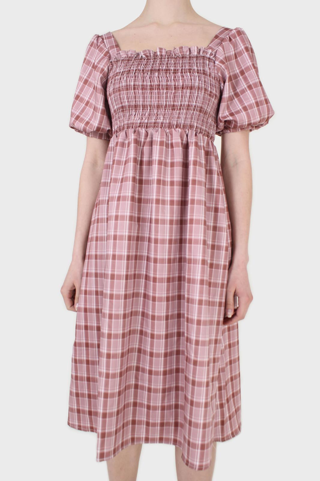 Red and ivory checked shirred puff sleeved midi dress_9