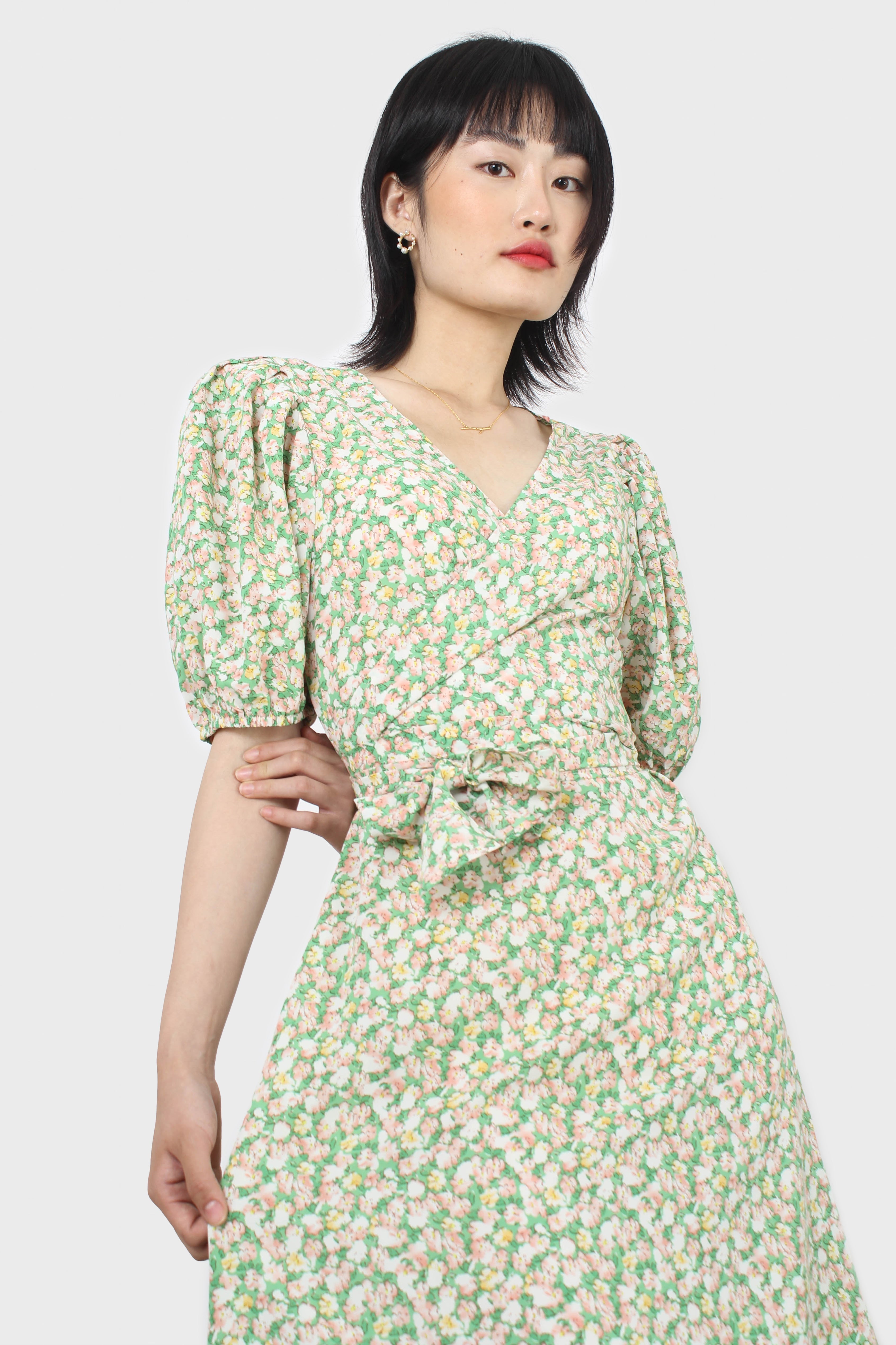 Green and pink floral wrap style midi dress_11