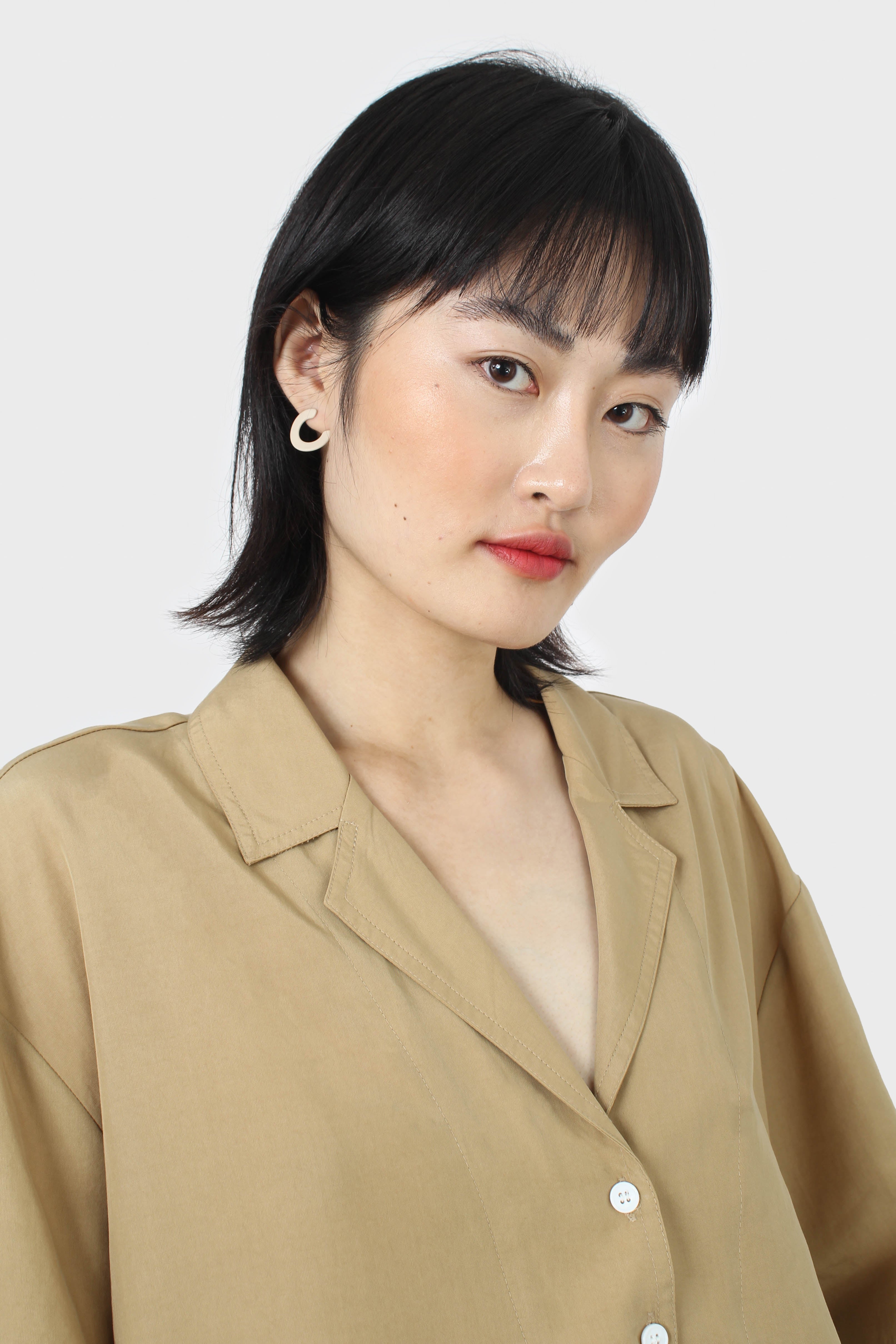 Tan cropped short sleeved boxy shirt_5