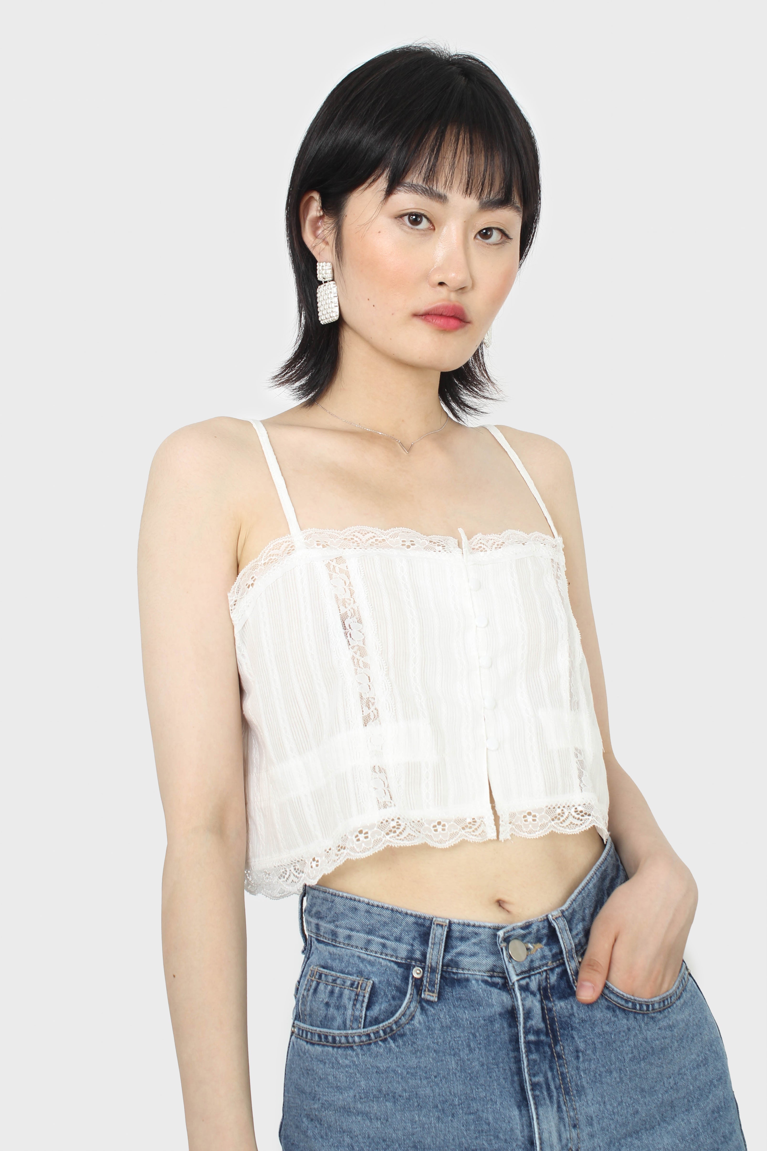 Ivory lace trim button front strappy cami_3