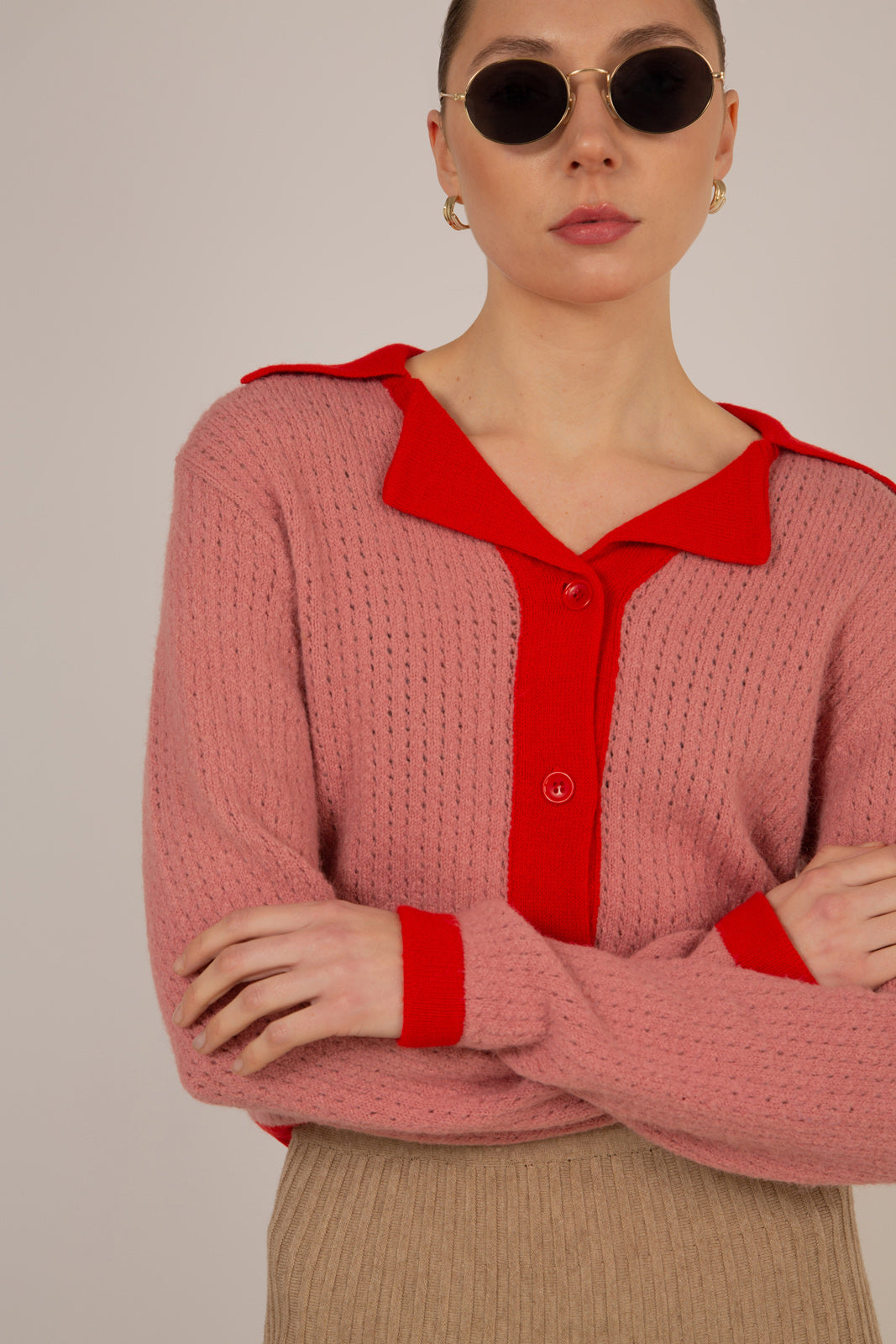 Dusty pink wool blend red trimmed cardigan_2