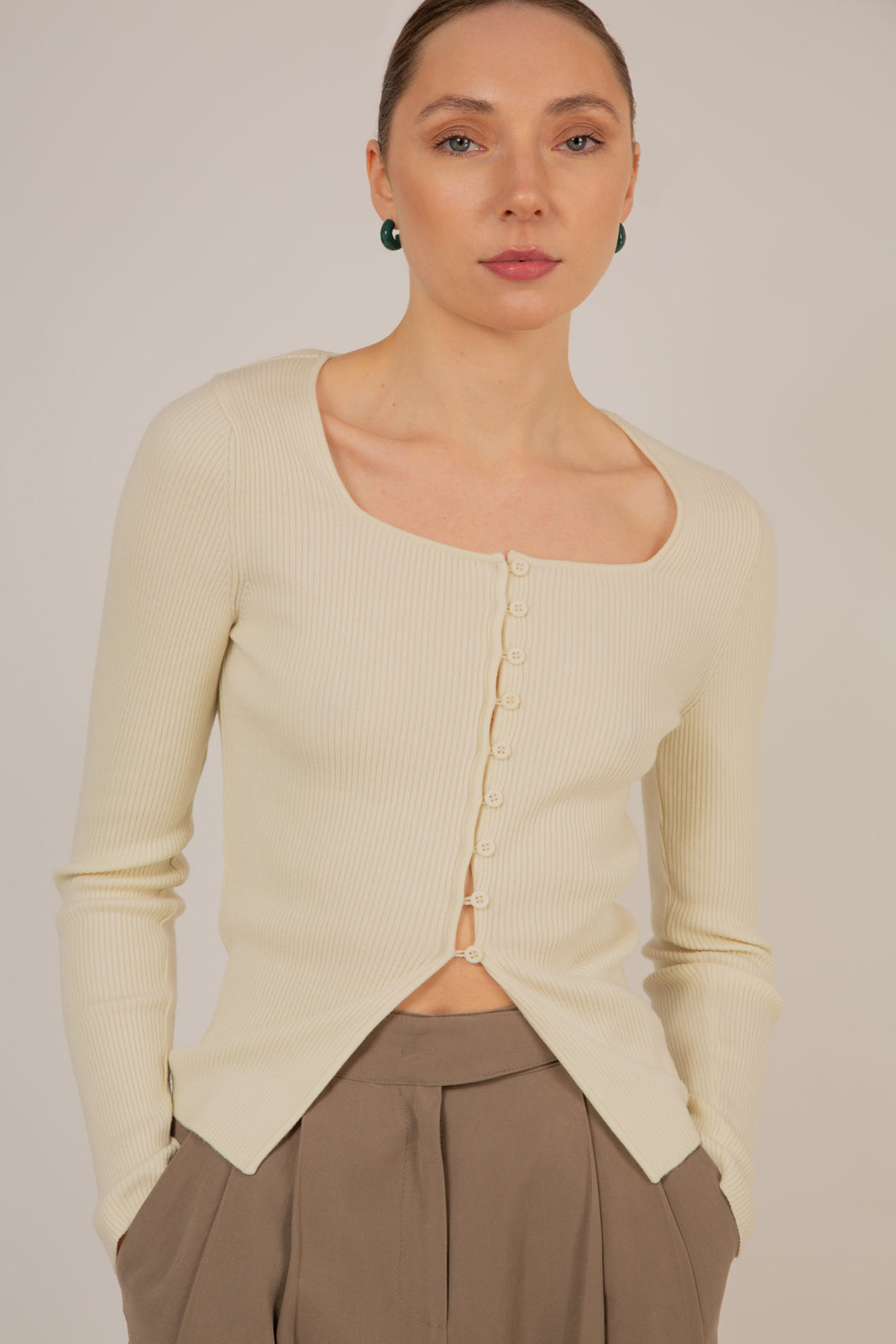 Ivory square neck button front knit top_8