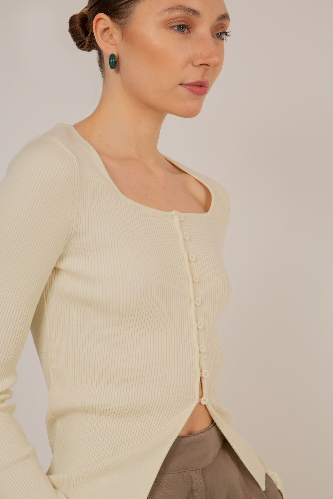 Ivory square neck button front knit top_4