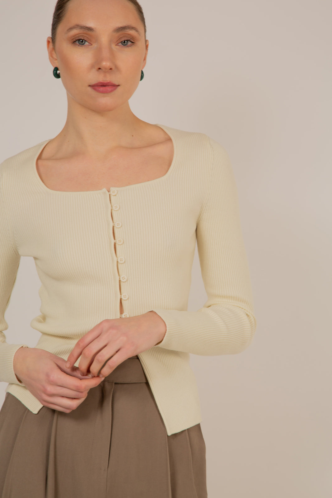 Ivory square neck button front knit top_1