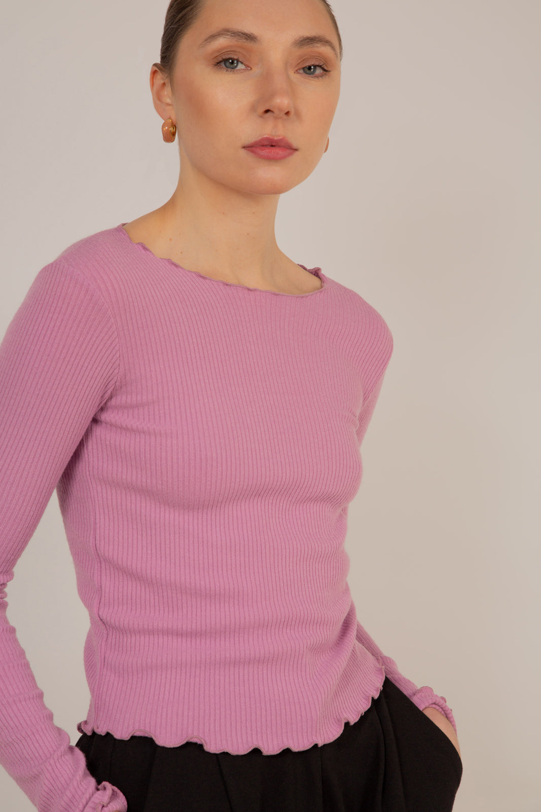 Pink ruffle trim ribbed top_1