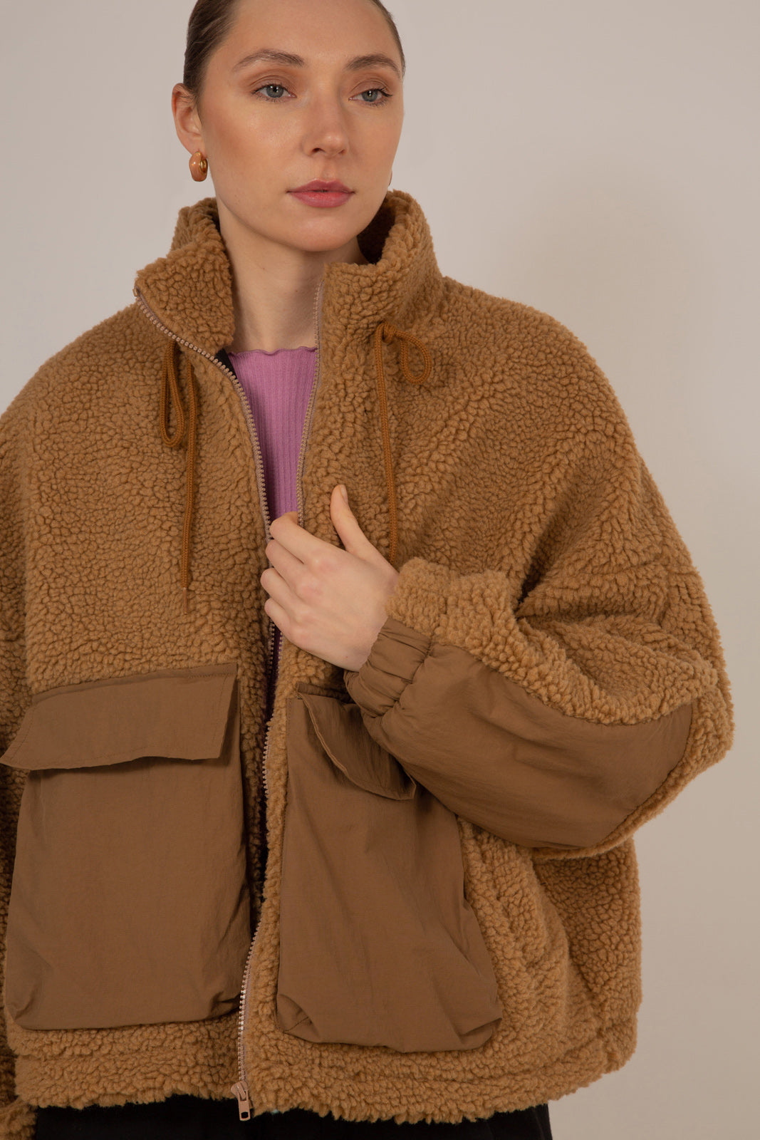 Camel teddy patch pocket jacket_1