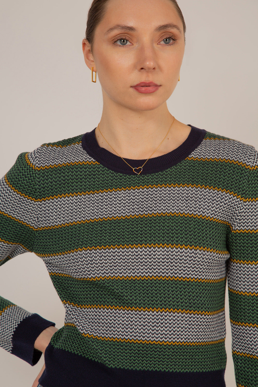 Navy and khaki striped knit top_1