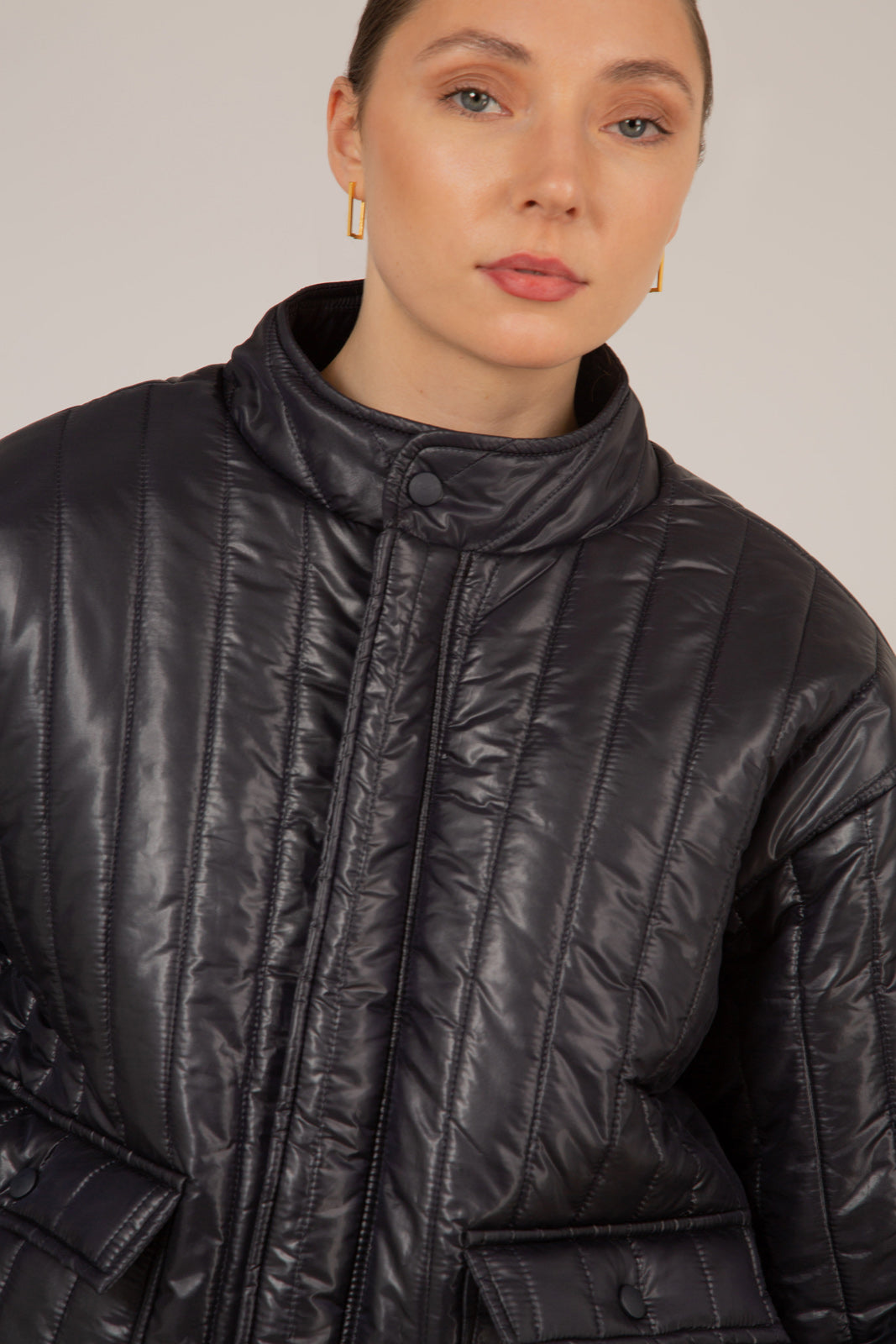 Navy glossy slim quilt puffer coat_6