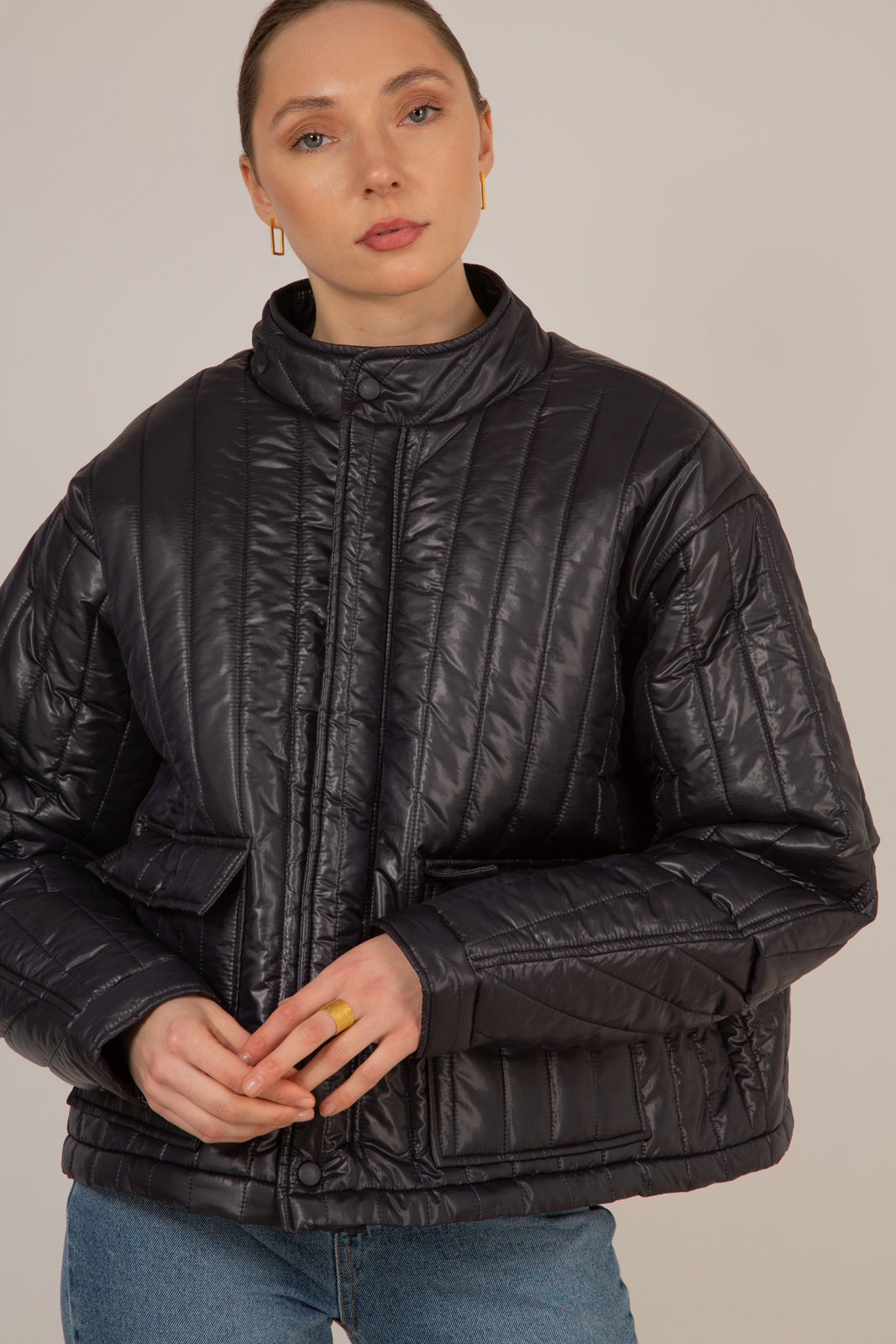 Navy glossy slim quilt puffer coat_2